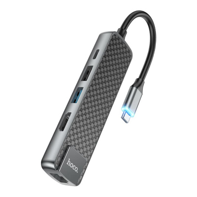 Type-C хаб hoco. для MacBook HDMI+USB3.0+USB2.0+RJ45+PD (HB23) Чёрный