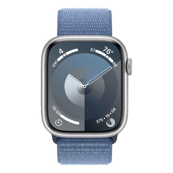 Apple Watch Series 9, 45 мм корпус из алюминия цвета «Silver», ремешок Sport Loop цвета «Winter Blue»